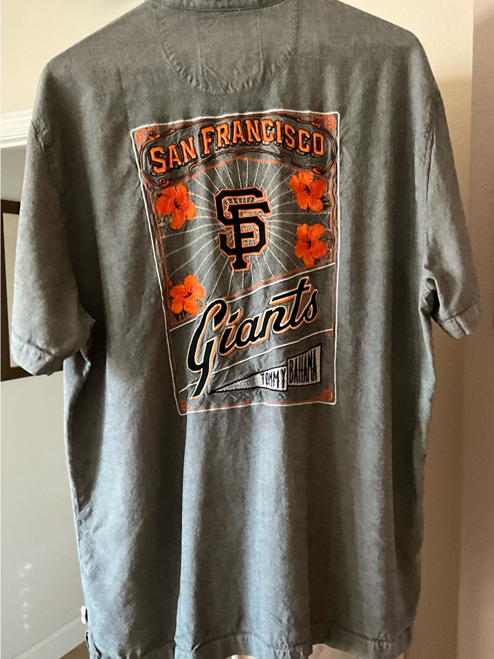 Tommy Bahama Silk Grey button down  with Orange Floral Giants Logo